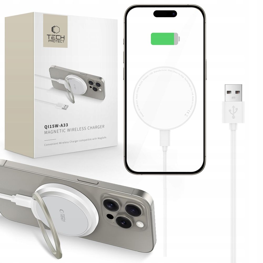 Tech-Protect QI15W-A33 Induktiivne Laadija koos MagSafe and Alus koos USB-A / USB-C Kaabel - valge
