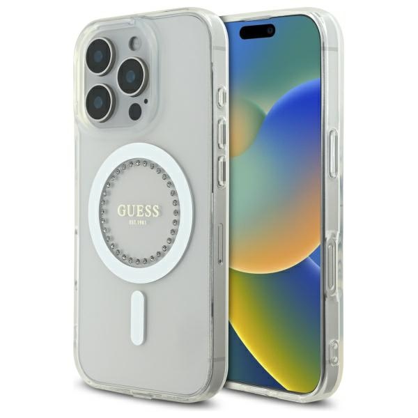 Guess IML Rhinestones MagSafe Ümbris jaoks iPhone 16 Pro - valge