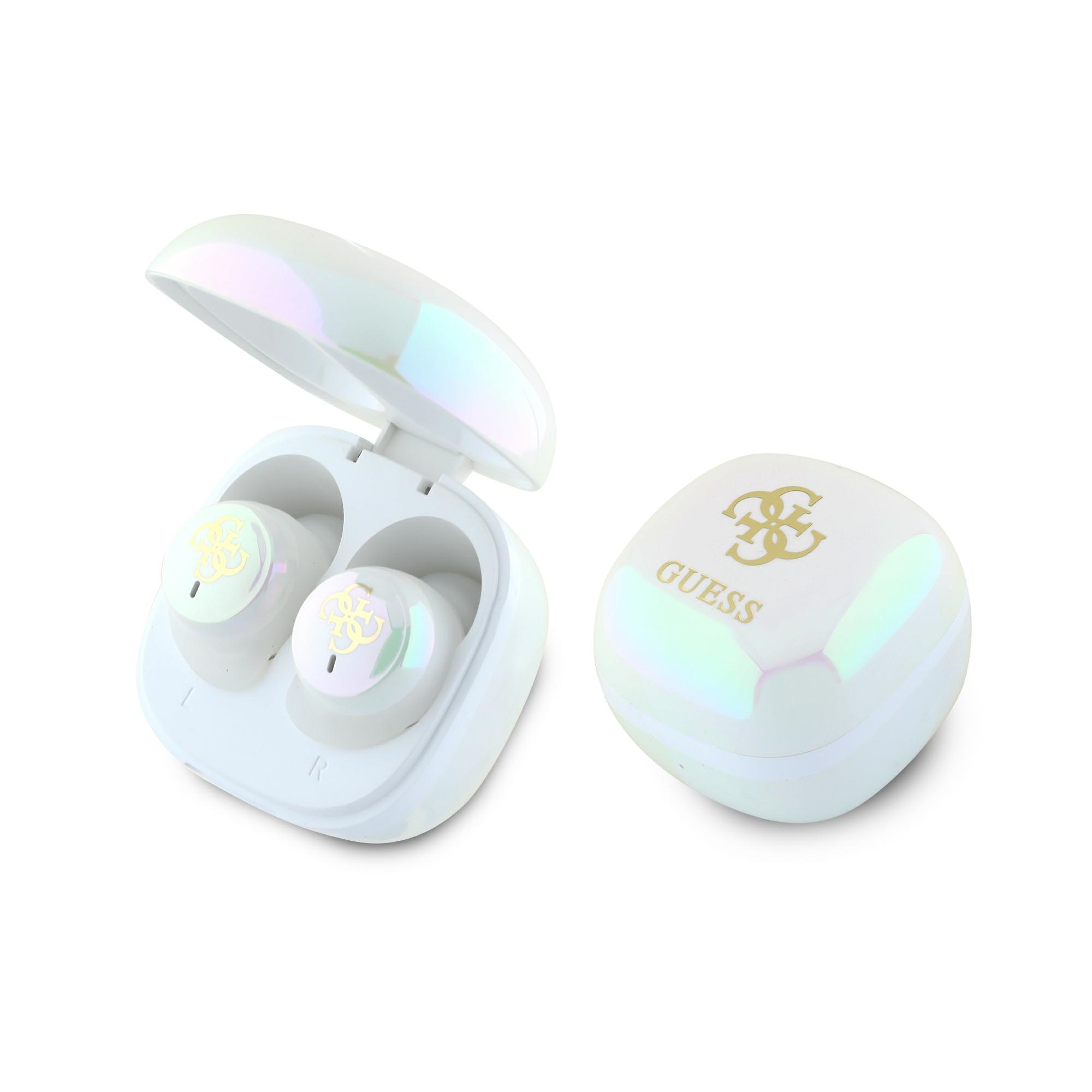 Guess Bluetooth kõrvaklapid GUTWSJ144ESH TWS + docking station valge/valge Iridescent 4G Printed Logo