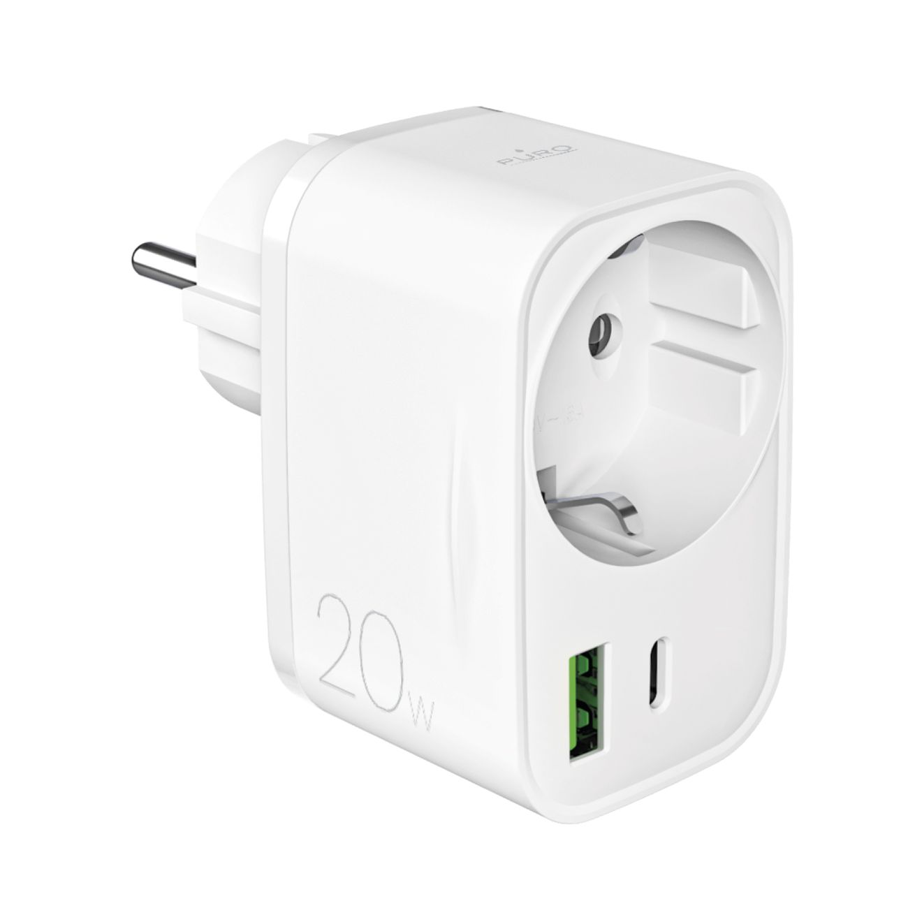 Puro 20W Power Delivery Laadija koos Schuko Plug and Socket 1x USB-C + 1x USB-A - valge