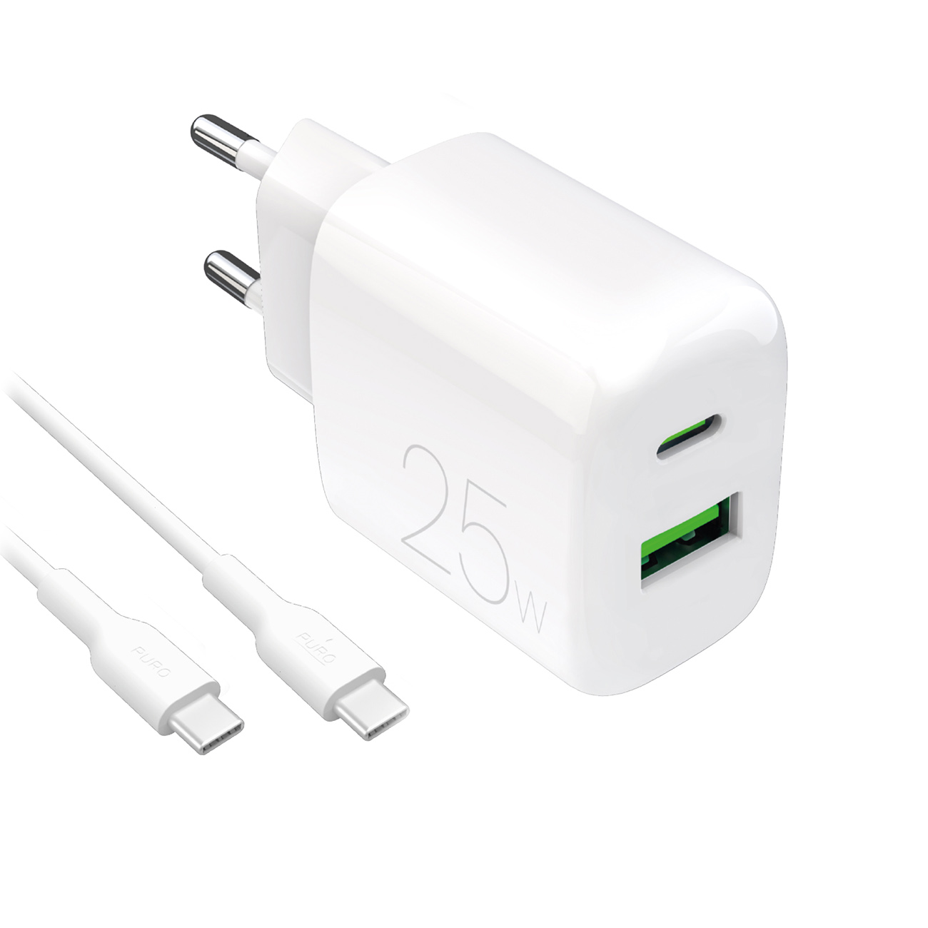 Puro PROLITE 25W USB-A / USB-C wall laadija + USB-C - USB-C kaabel 1.2m - valge