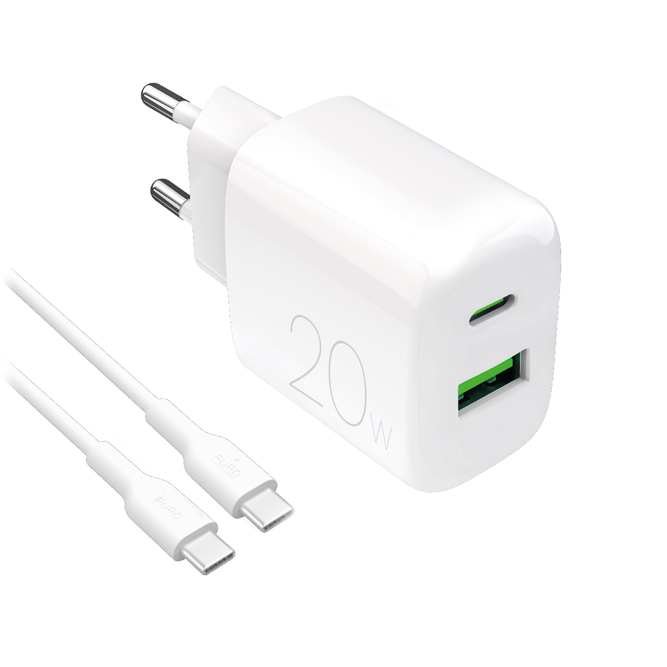 Puro PROLITE 20W USB-A / USB-C wall laadija + USB-C - USB-C kaabel 1.2m - valge