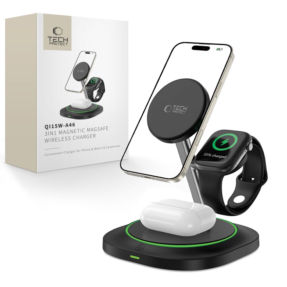 Tech-Protect QI15W-A46 3in1 Magnetic MagSafe Induktiivne Laadija - must