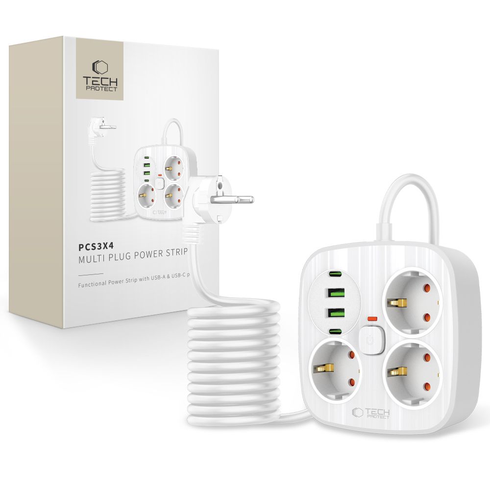Tech-Protect PCS3X4 power strip, 3 sockets, 2xUSB-A, 2xUSB-C 200 cm - valge