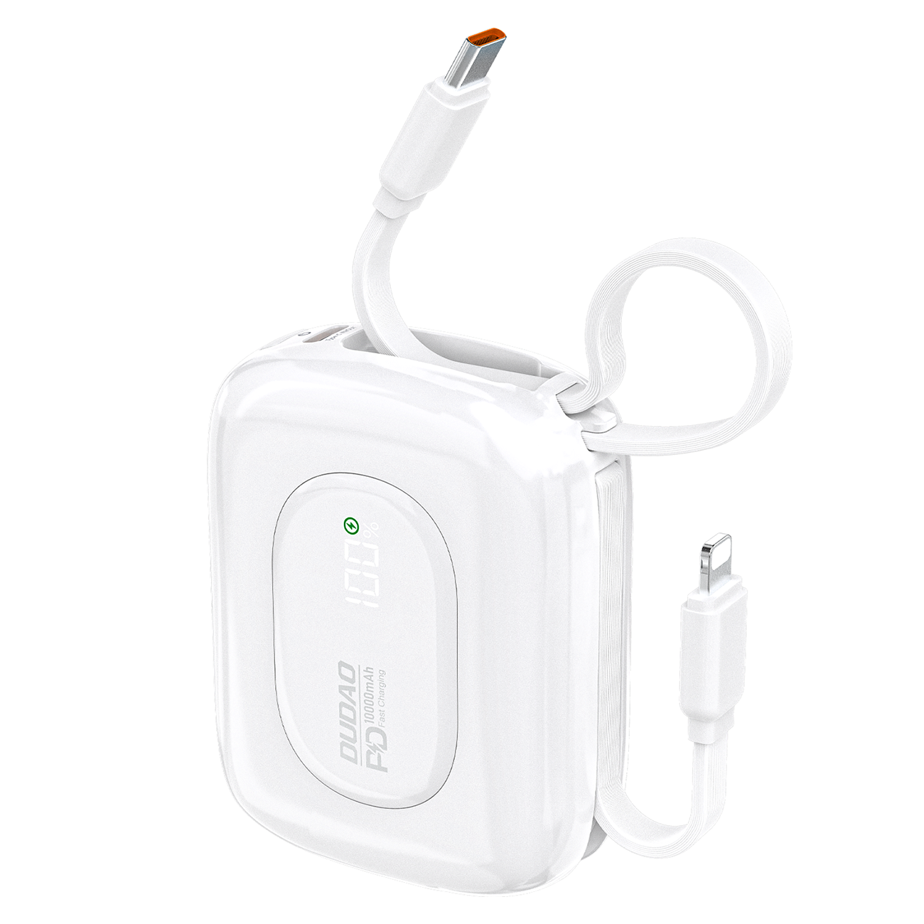 Dudao K32 22.5W 10000 mAh Powerbank with Built-in USB-C/ Lightning Kaabel - valge