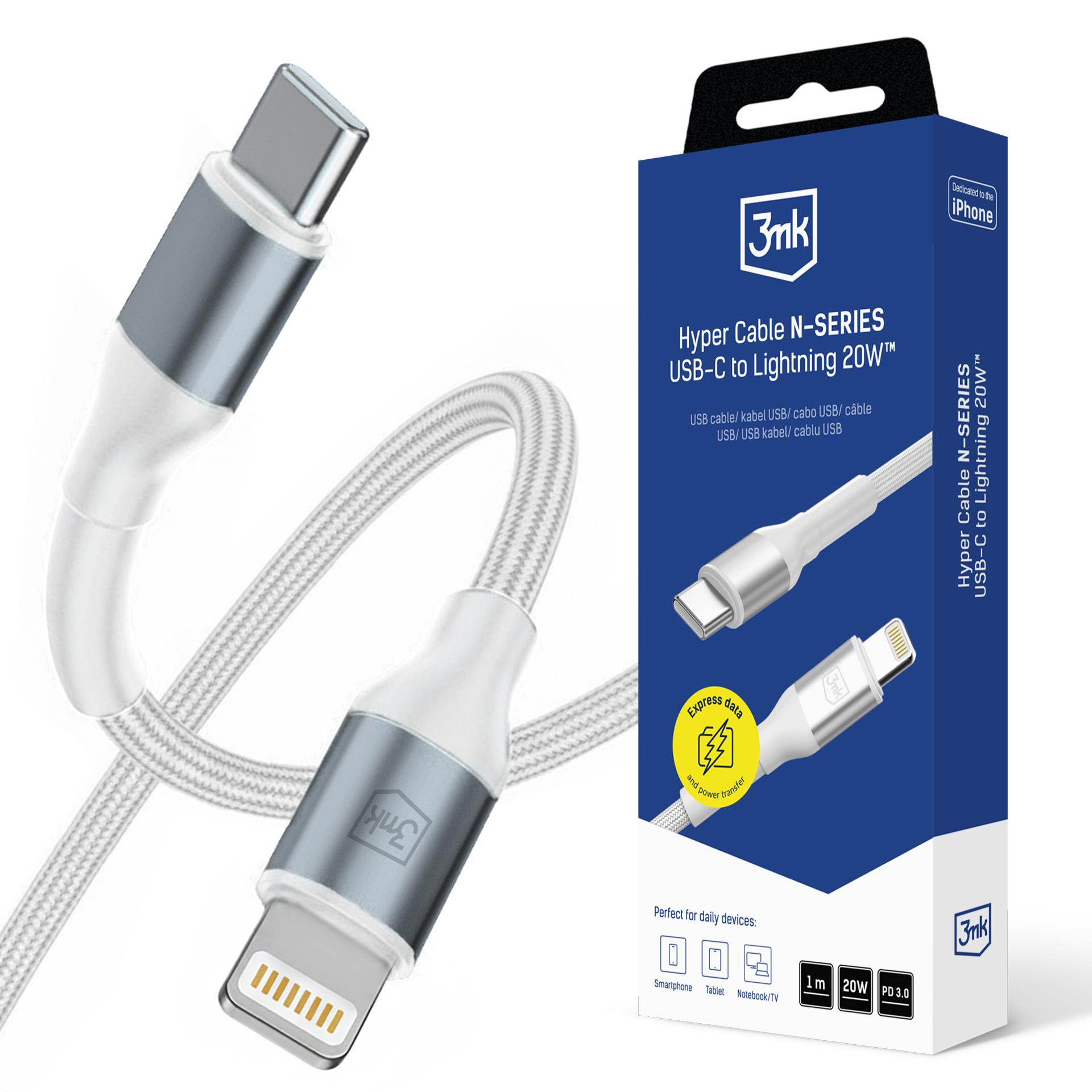 3mk Hyper Kaabel N-SERIES USB-C / Lightning 1m 9V/2A 20W / valge