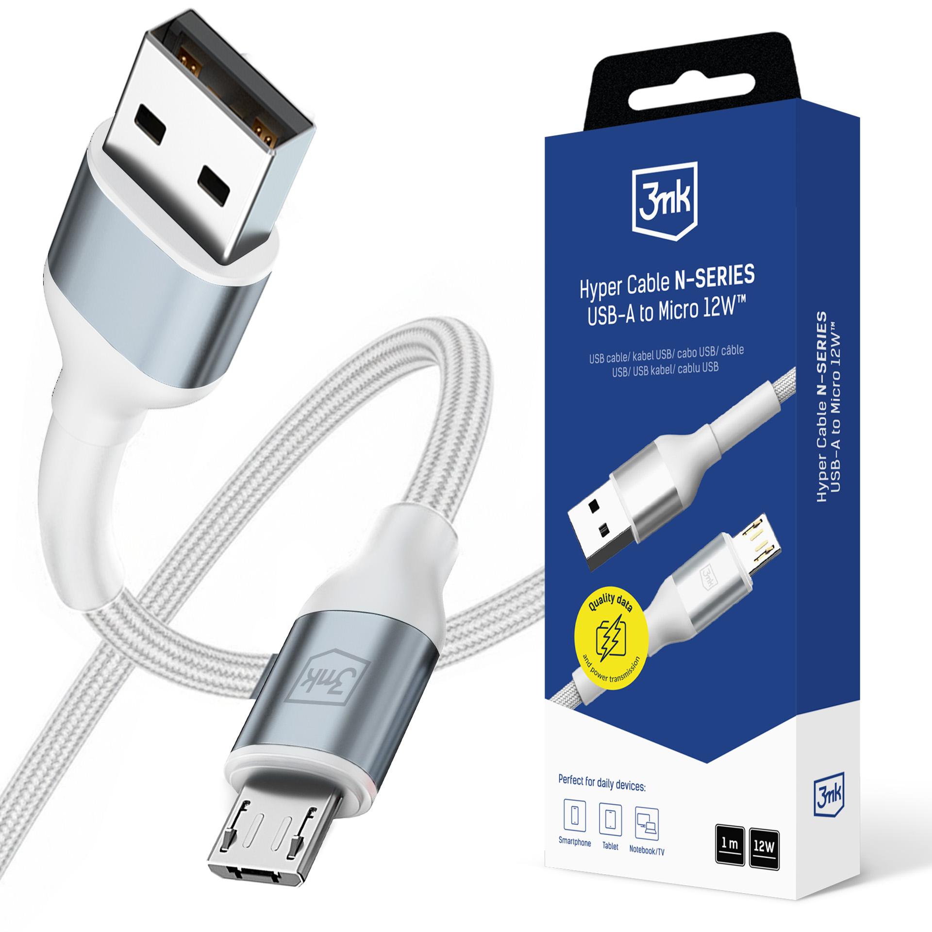 3mk Hyper Kaabel N-SERIES USB-A / MicroUSB 1m 5V/2.4A 12W / valge