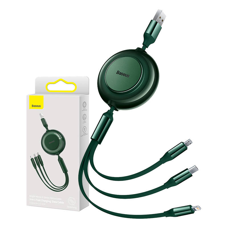 Baseus Bright Mirror 2, USB 3-in-1 kaabel jaoks micro USB / USB-C / Lightning 3.5A 1.1m (roheline)