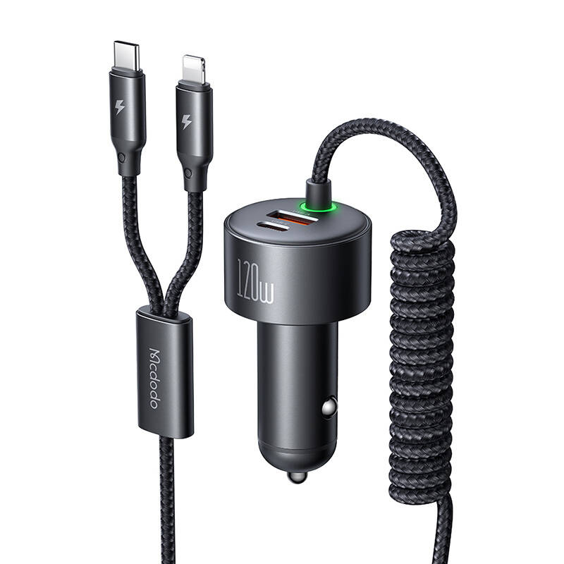 Mcdodo CC-0370 car laadija, USB-C, Lightning, 120W, retractable kaabels