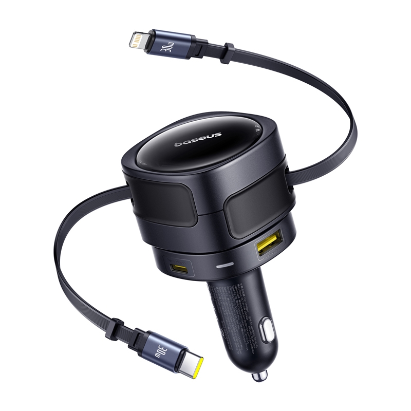 Baseus Enjoyment Max car laadija with USB-C+Lightning cables and USB-A+USB-C ports 90W must