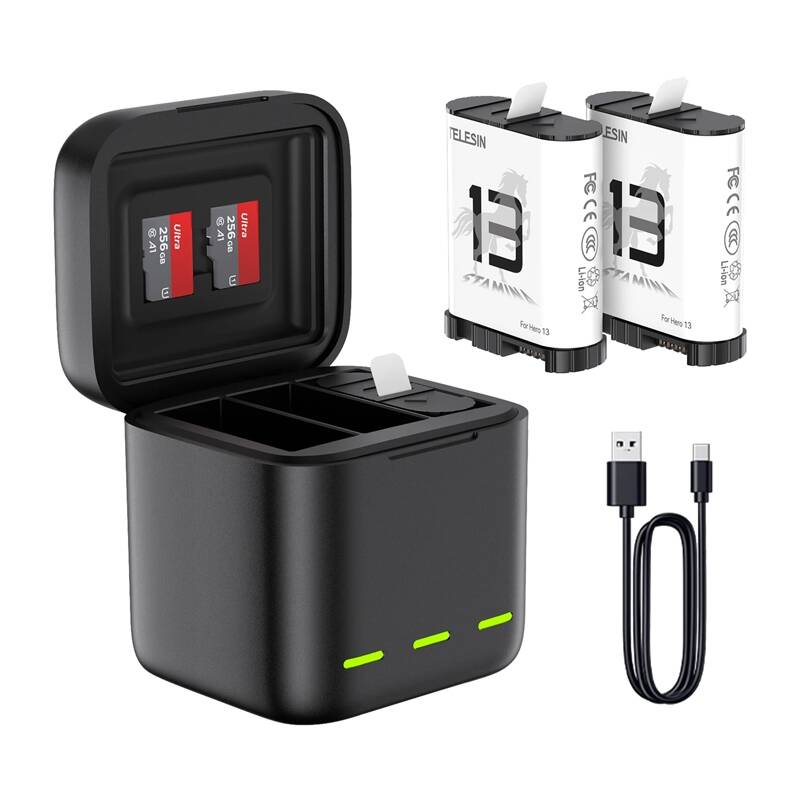 Three-channel battery laadija jaoks GoPro Hero 13 must Telesin (S0-BCG-10-TGP)