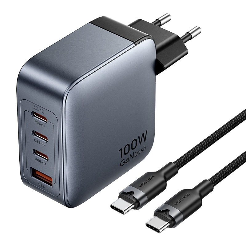 Vention power laadija 3x USB-C, 1x USB-A, (100W/100W/30W/30W) (hall) with USB-C to USB-C kaabel (1m) (must)