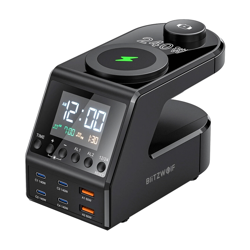 Blitzwolf BW-FW10 alarm clock with laadija 2xUSB-A, 4xUSB-C, 240W