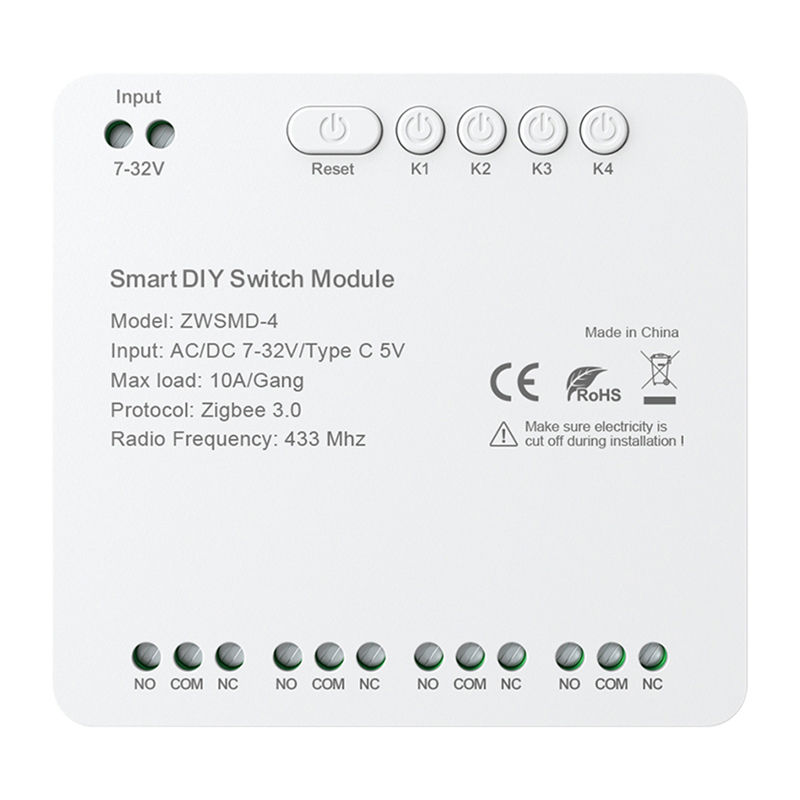 4-channel ZigBee lüliti module koos voltage-free DC 32V contact Avatto ZWSMMD-4-32V
