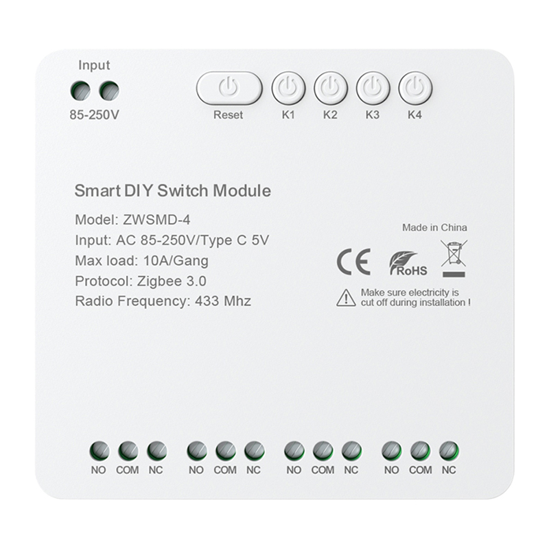 ZigBee 4-channel lüliti module koos voltage-free DC 32V contact Avatto ZWSMMD-4-250V