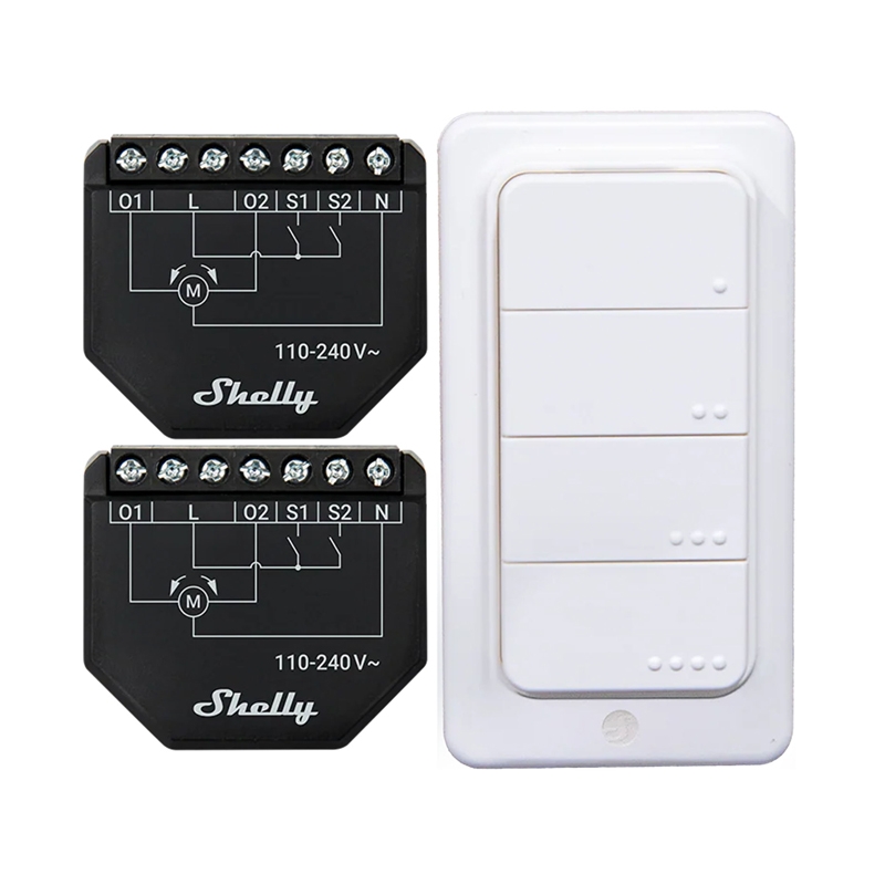 Komplekt of 2 WiFi Shutter Controllers jaoks Blinds/Curtains Shelly Shutter + BLU RC Button 4