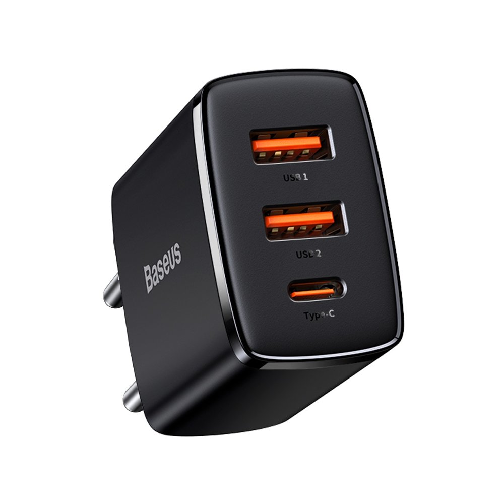 Laadija Baseus Compact Quick Laadija, 2xUSB, USB-C, PD, 3A, 30W (czarna)