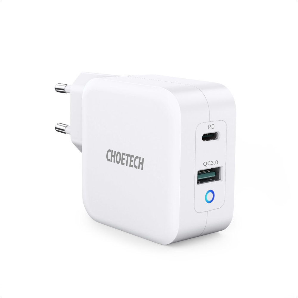 Choetech fast GaN wall Laadija USB Type C PD USB-A QC3.0 65W 3,25A valge (PD8002)