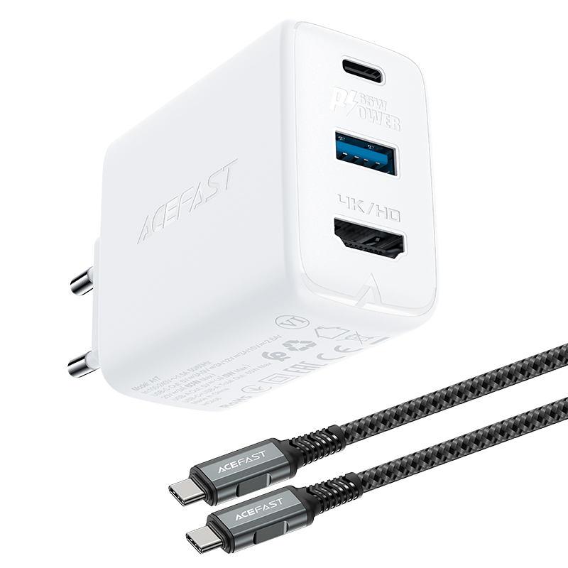 Acefast 2in1 Laadija GaN 65W USB Type C / USB, adapter adapter HDMI 4K @ 60Hz (set with kaabel) valge (A17 valge)