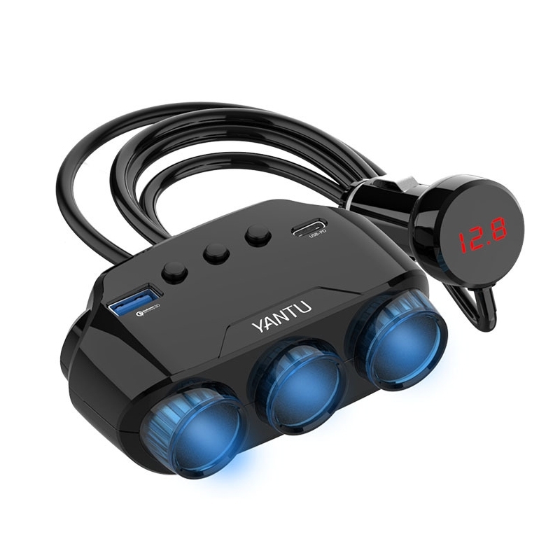 Auto Cigarette Lighter Pesa Splitter LM21 - 3 sockets + USB + tüüp C - QC 3.0 PD 3A 122W koos ekraan and kaabel