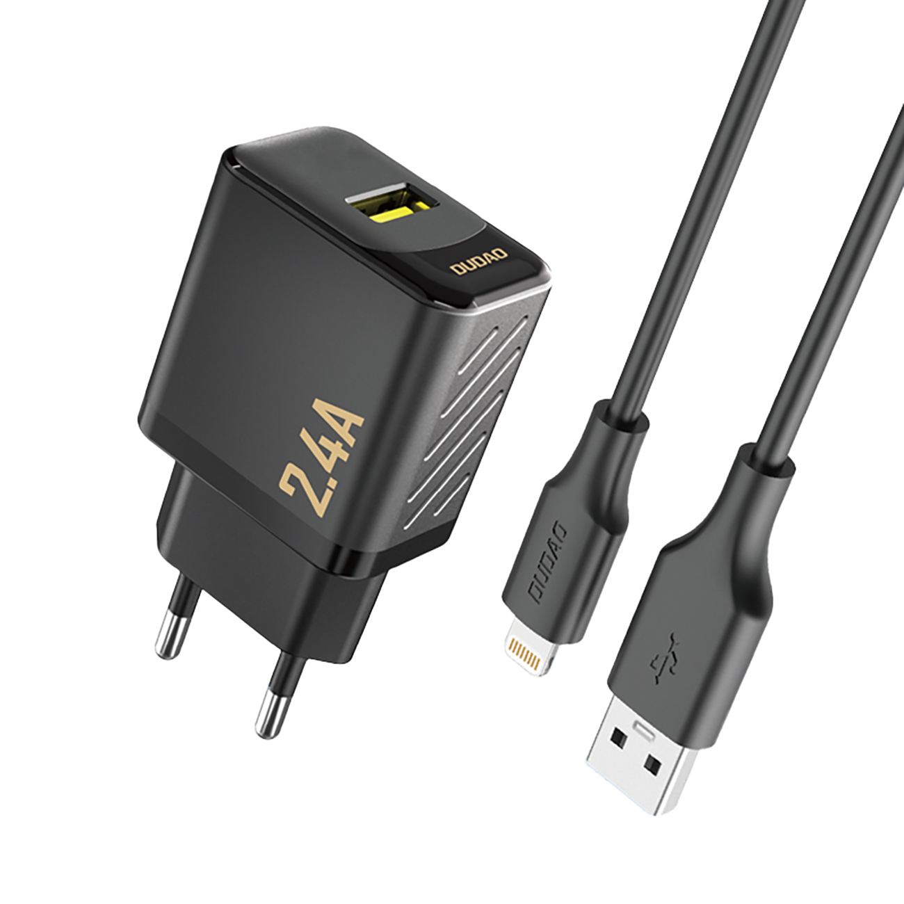 Dudao A23LEU 2.4A GaN EU USB-A seinalaadija USB-A to Lightning kaabliga - must