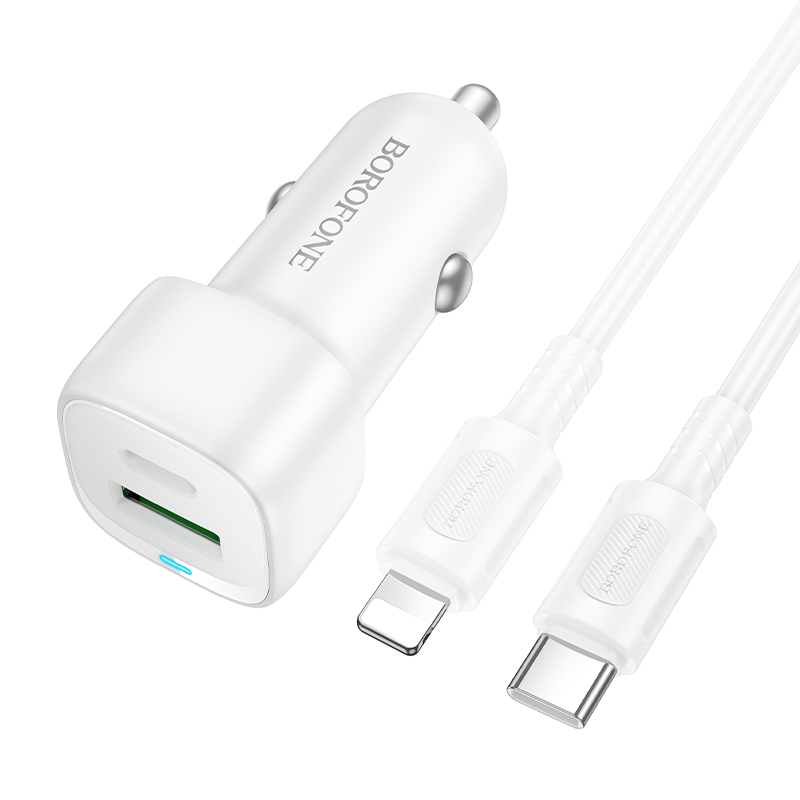 Borofone autolaadija BZ34B Cloud - USB + Type C - QC 3.0 PD 38W koos Type C - Lightning kaabliga valge
