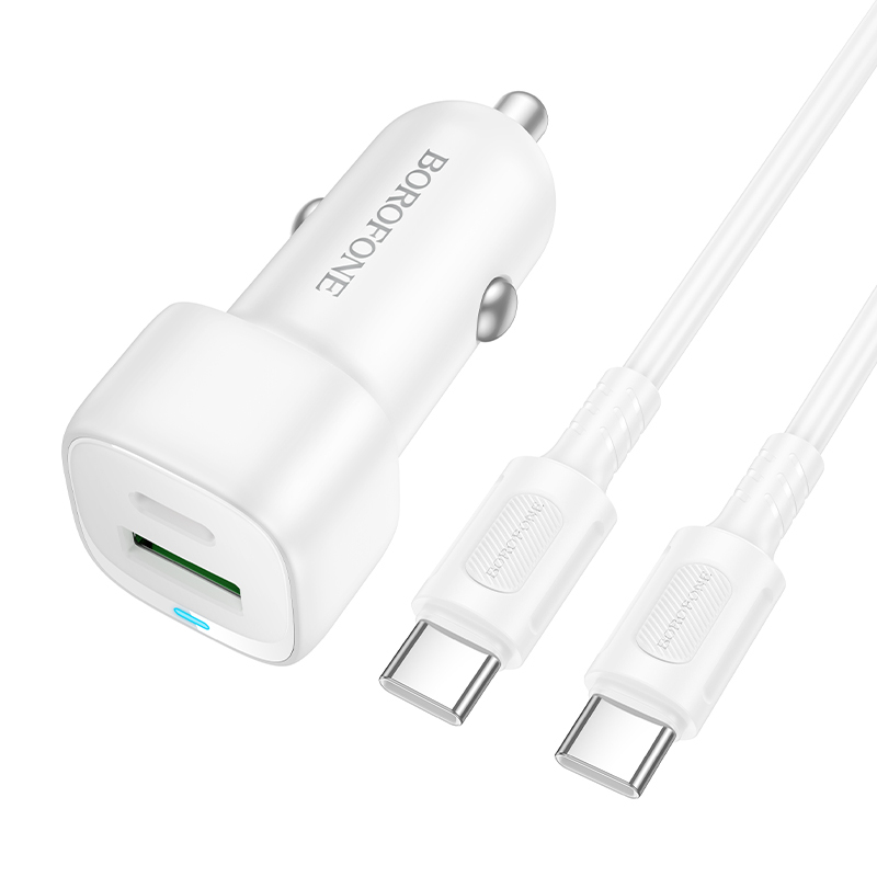 Borofone autolaadija BZ34B Cloud - USB + Type C - QC 3.0 PD 38W koos Type C Type C kaabliga valge