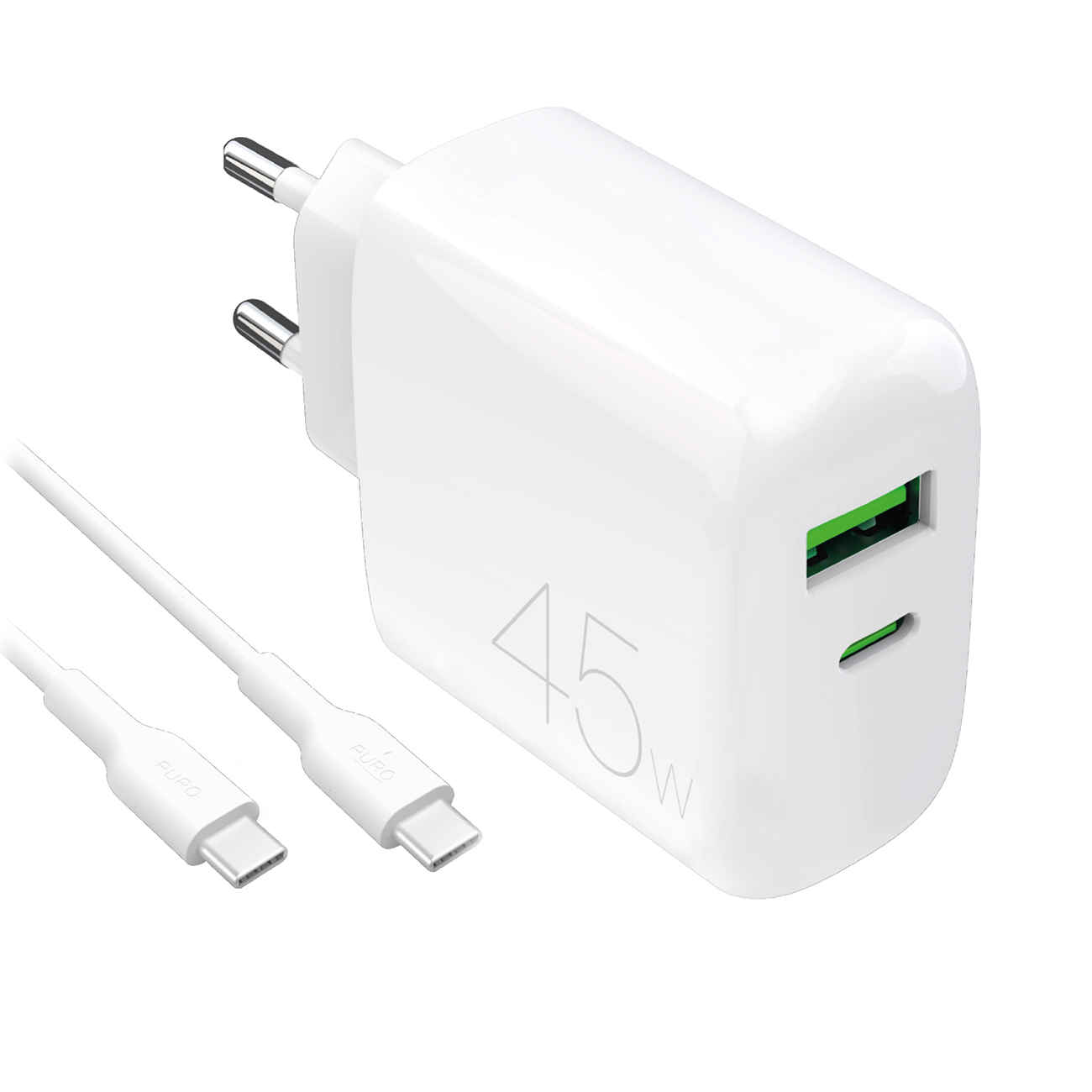 Puro Daily Prolite 45W USB-C USB-A Power Delivery Laadija koos USB-C Kaabel - valge