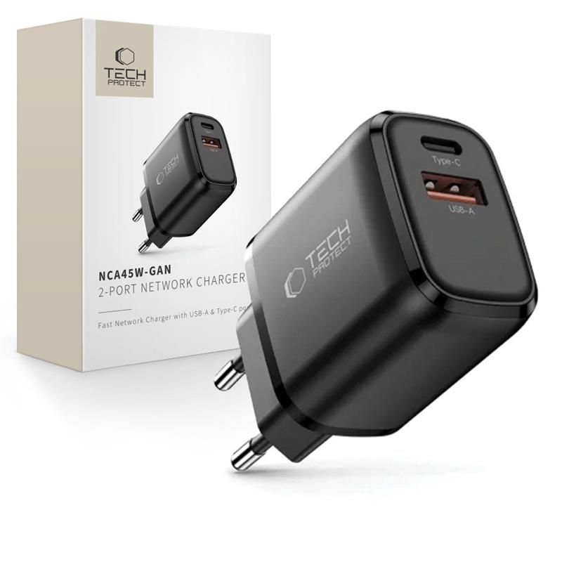 Tech-Protect NCA45W-GAN 2-portiline USB-C / USB-A 45W seinalaadija - must