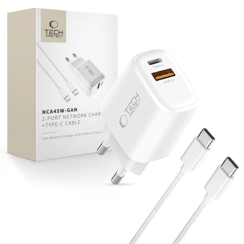 Tech-Protect NCA45W-GAN 2-portiline 45W seinalaadija USB-C kaabliga - valge