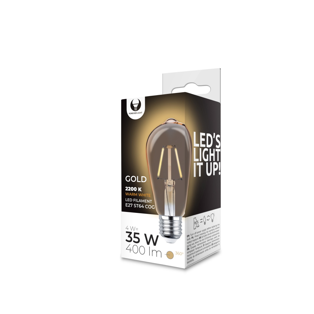 LED Bulb Filament E27 ST64 4W 230V 2200K 400lm COG kuldne Forever Light
