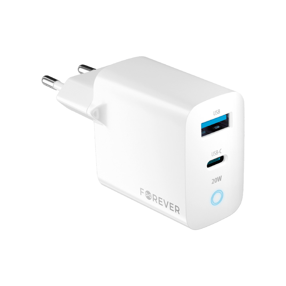 Forever TC-06-20AC PD QC laadija 1x USB-C 1x USB 20W valge