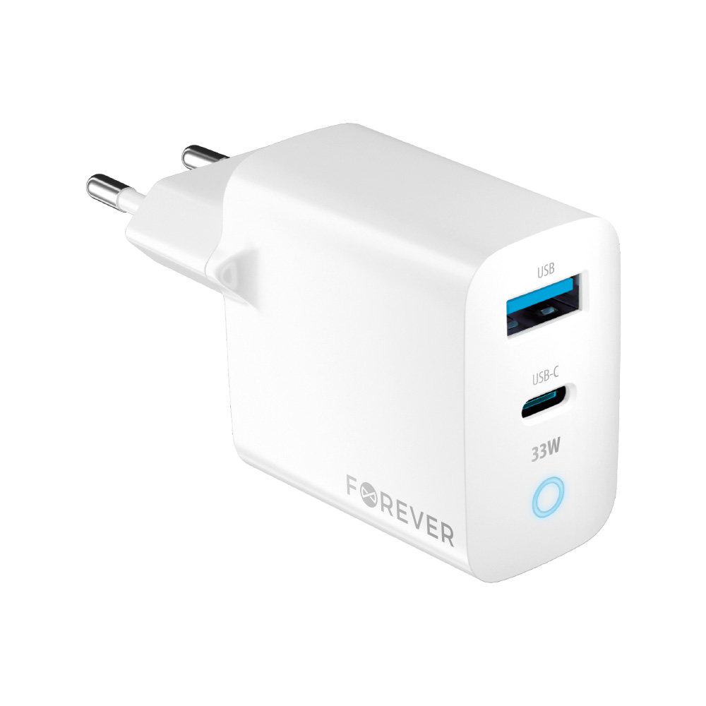 Forever TC-06-33AC GaN PD QC laadija 1x USB-C 1x USB 33W valge