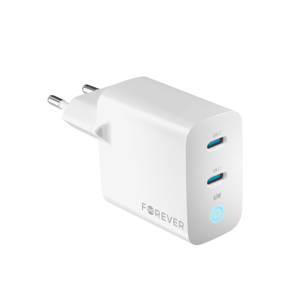 Forever TC-06-65CC GaN PD QC laadija 2x USB-C 65W valge