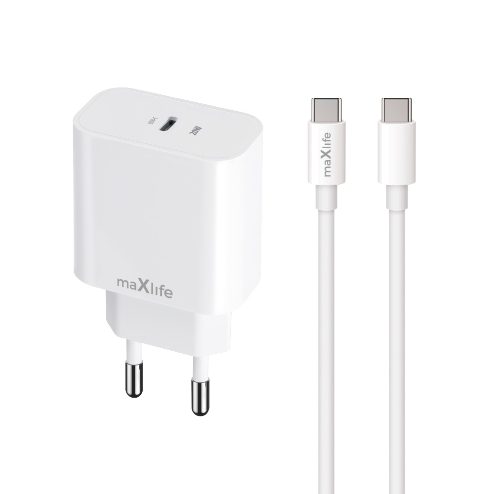 Maxlife MXTC-06-20C PD QC laadija 1x USB-C 20W valge + USB-C - USB-C kaabel 20W