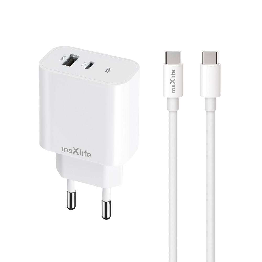 Maxlife MXTC-06-20AC PD QC laadija 1x USB-C 1x USB 20W valge + USB-C - USB-C kaabel 20W