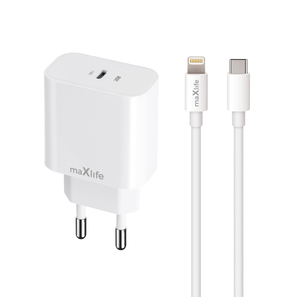 Maxlife MXTC-06-20C PD QC laadija 1x USB-C 20W valge + USB-C - Lightning kaabel 20W