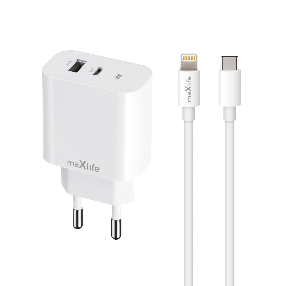 Maxlife MXTC-06-20AC PD QC laadija 1x USB-C 1x USB 20W valge + USB-C - Lightning kaabel 20W