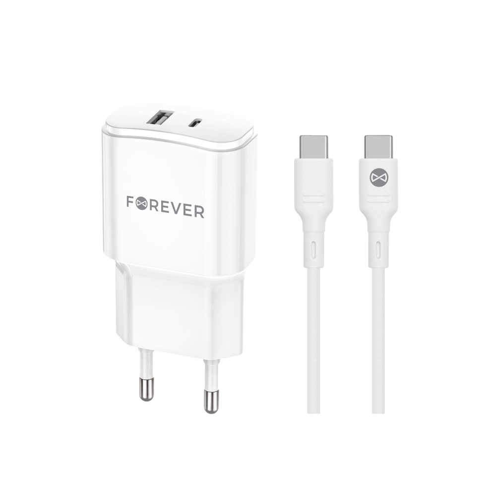 Forever TC-01-20AC PD QC laadija 1x USB-C 1x USB 20W valge + USB-C - USB-C kaabel 20W
