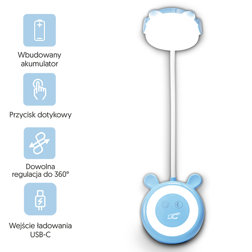 LED Teddy bear desk Lamp  3W, 3000/4500/6000K, adjustable, 1200mAh, sinine,  LTC