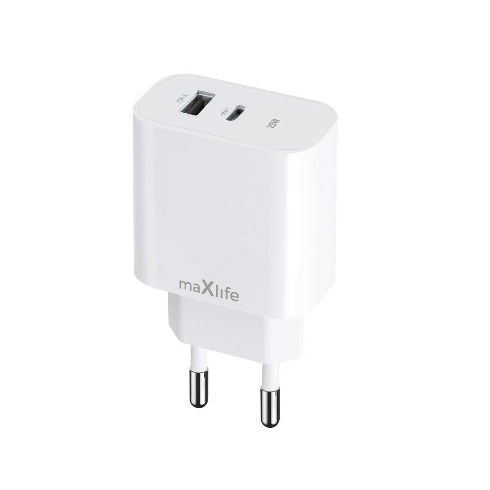 Maxlife MXTC-06-25AC PD QC laadija 1x USB-C 1x USB 25W valge