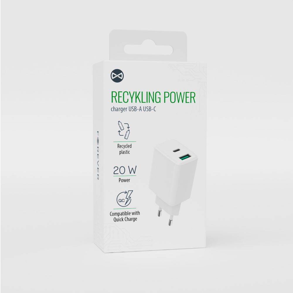 Forever ringlussevõetud seinalaadija USB + USB-C 20W LSR20-AC-00, valge
