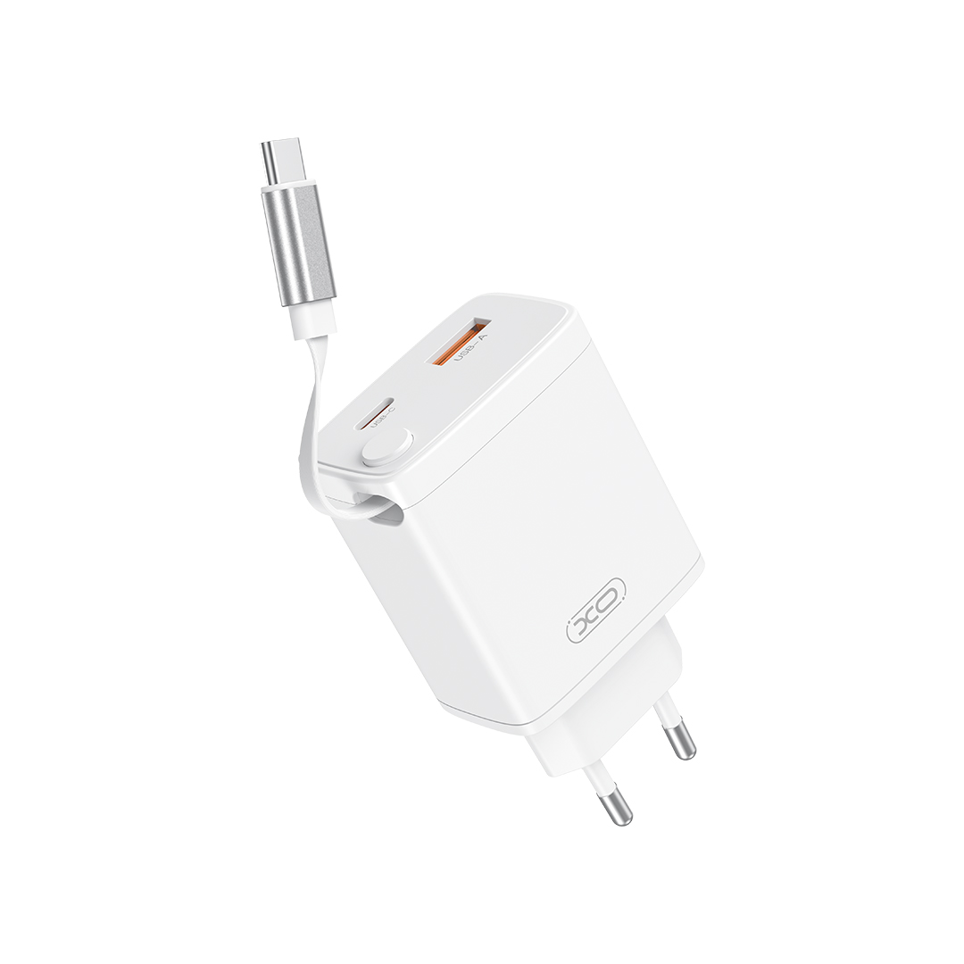 XO wall laadija CE31 1x USB 1x USB-C 30W valge with retractable USB-C kaabel