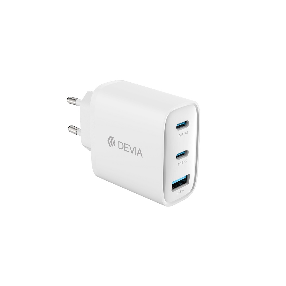 Devia wall laadija Extreme PD GaN 65W 2x USB-C 1x USB valge + kaabel USB-C - USB-C laptop laadija