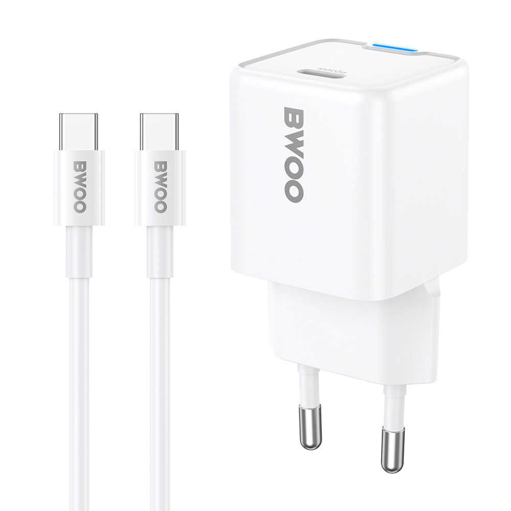 BWOO GaN PD 30W wall laadija 1x USB-C port with 60W kaabel USB-C 2A valge