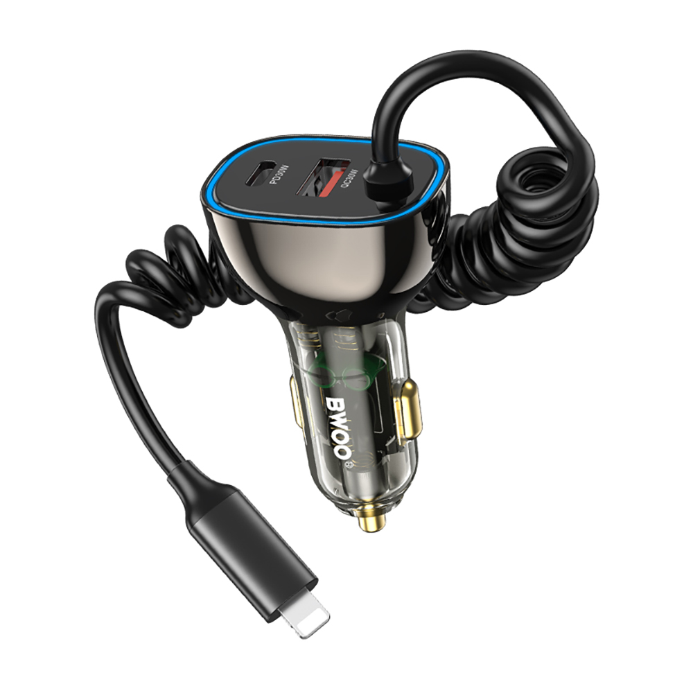 BWOO CC96L 30W PD car laadija 1x USB-C 1x USB port with lightning kaabel hall