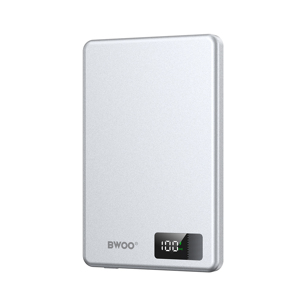 BWOO aluminium magnetic akupank P75 PD 20W 5000 mAh with digital display and USB-C port hõbedane