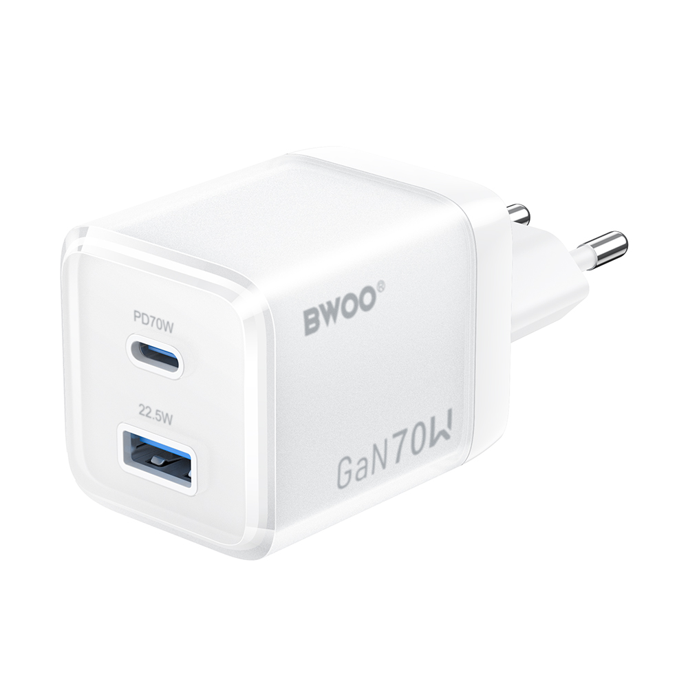 BWOO GaN wall laadija CDA224 QC 70W 1 x USB 1 x USB-C, valge