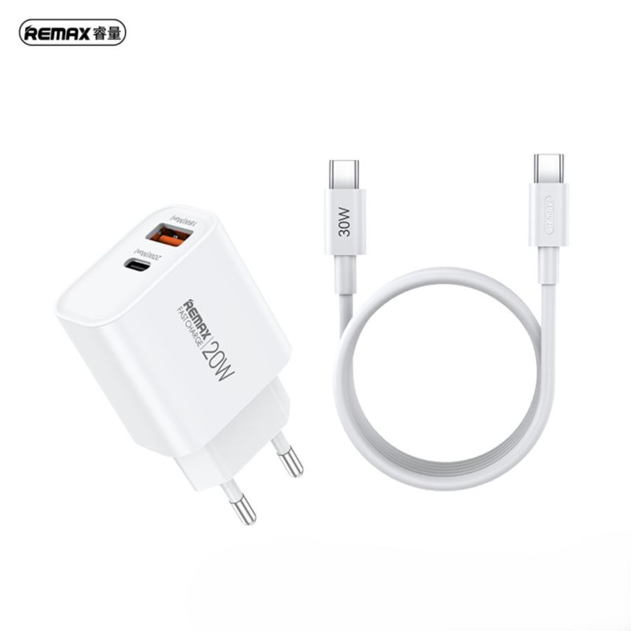REMAX WALL LAADIJA KAABEL KOMPLEKT 20W RP-U120 USB/USB-C + USB-C TO USB-C KAABEL valge