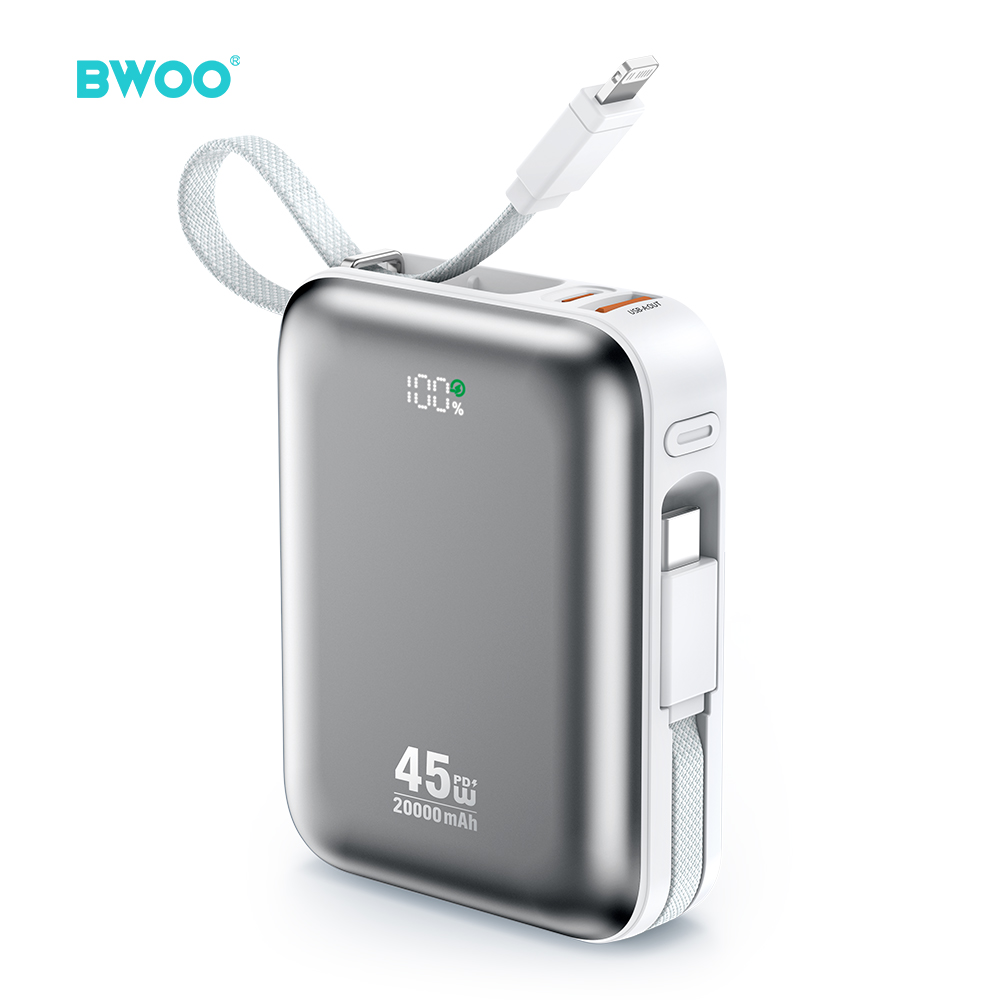 BWOO 20000mAh Fast Charging Akupank PD45W With 2 Cables Type C and Lightning P78 hõbedane